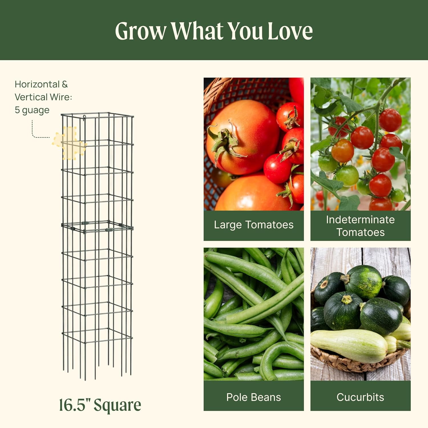 Librala Tomato Cage 16.5" Square Heavy-Duty for Garden & Pots, Rust-Resistant Tomato Stackable Heavy Gauge Plant Cage Trellis Support for Climbing Vegetables Plants