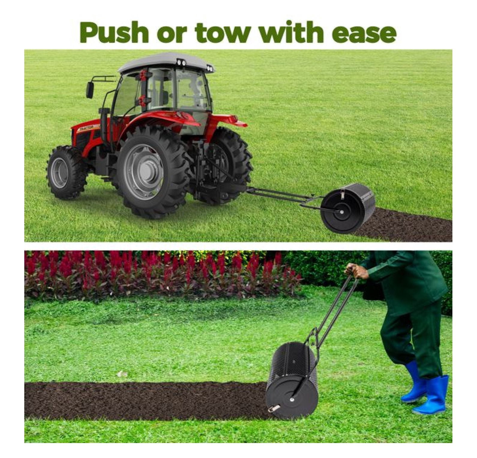 24 inch Compost Spreader for Lawn, Garden Peat Moss with Double Side Latches, Powder Coated Steel Mesh Basket for Topdressing & Seedling, Black