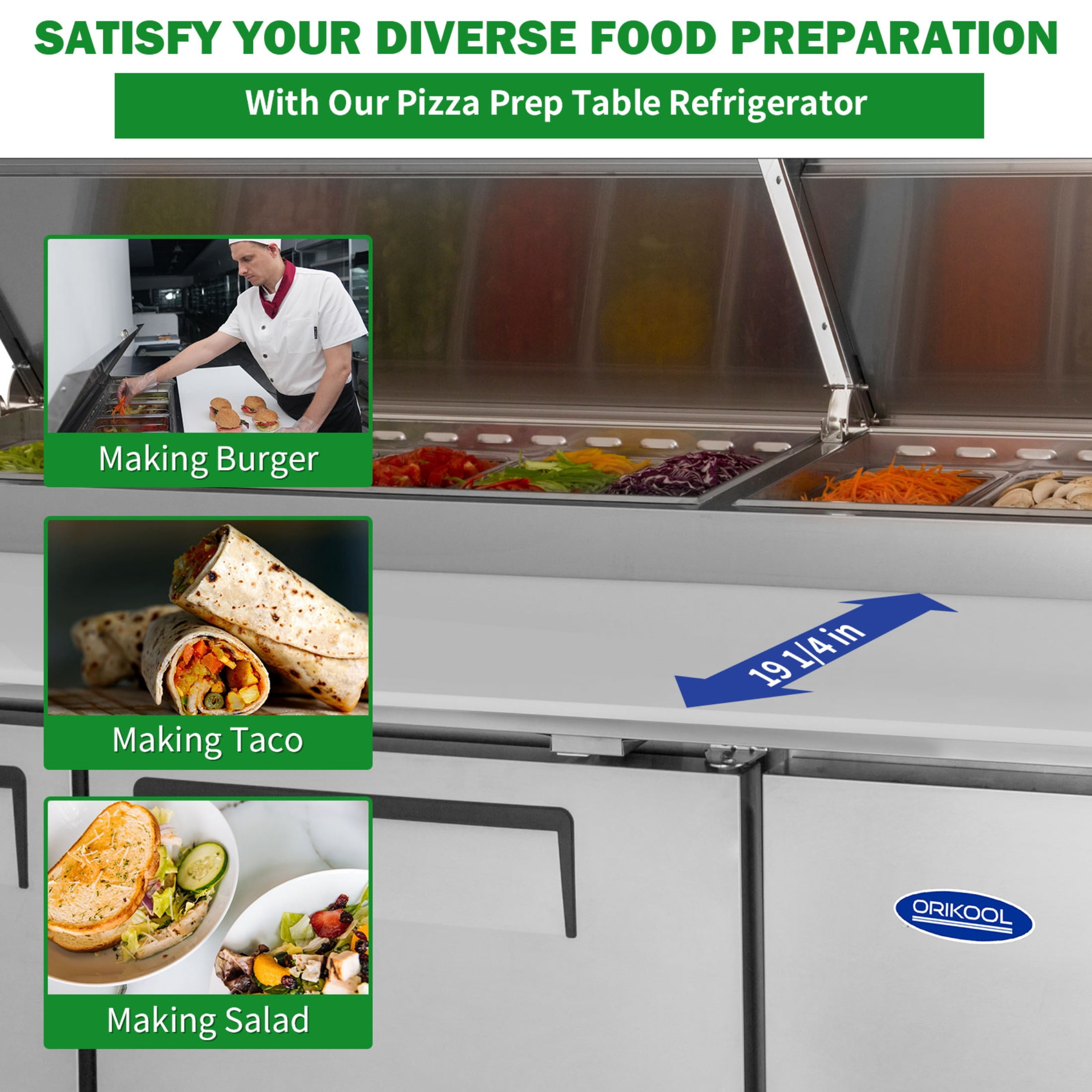 93 IN Commercial Pizza Prep Table with a Built-in Refrigerator 30.8 Cu.Ft, Butcher Block Cutting Board, Protection Lid, Cold Storage, and Smooth-Rolling Casters, ETL Certified (LTL carry)