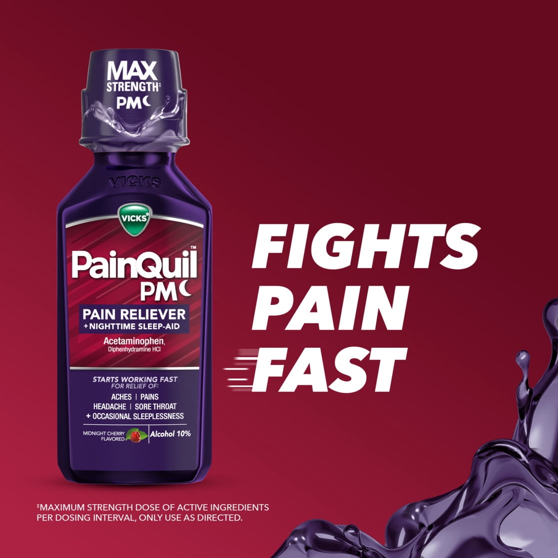Vicks PainQuil Pain Relief Acetaminophen 1000mg Max Strength Adult Pain Reliever Liquid 12oz, Backache Headache Relief, 1 Nighttime Pain Reliever + Sleep Aid