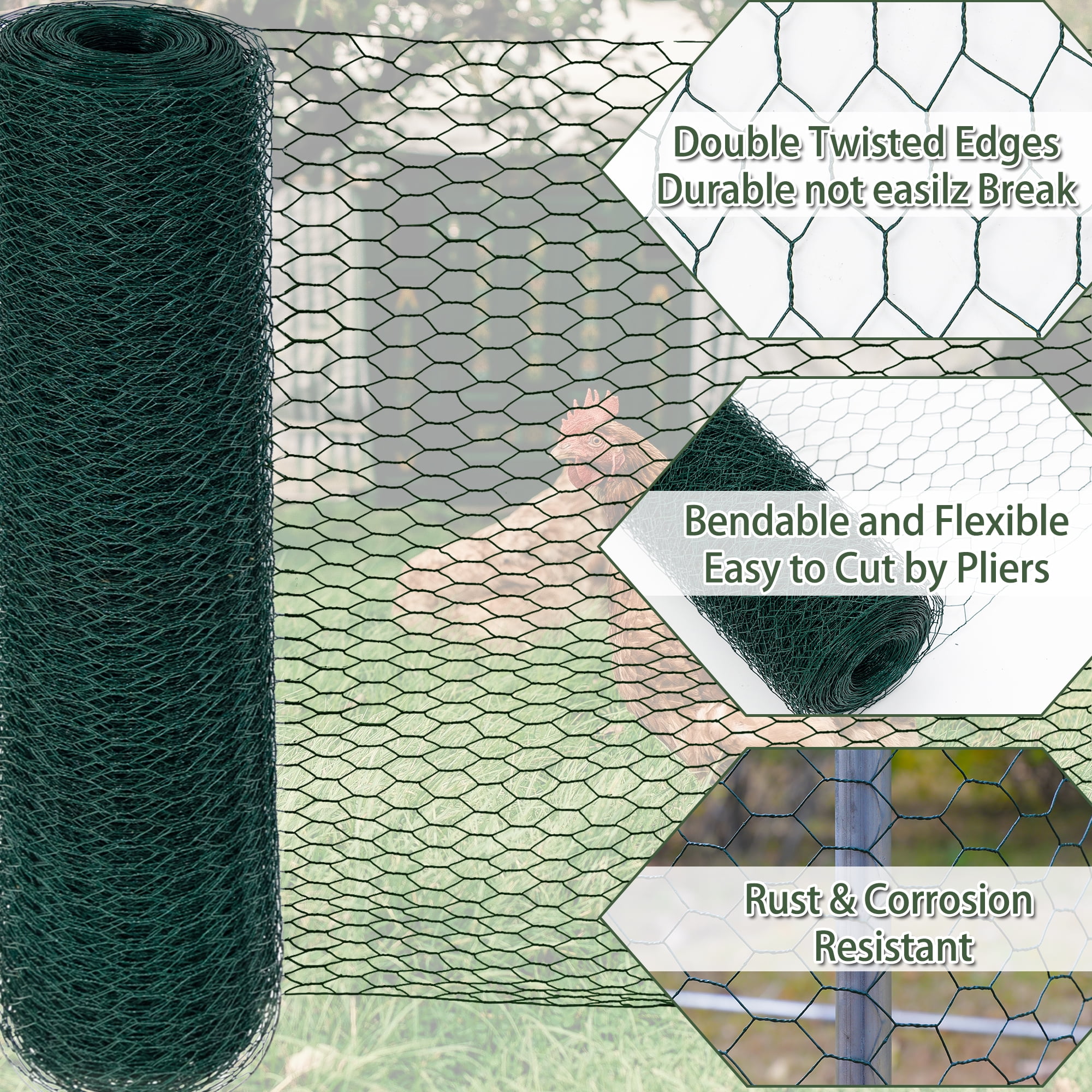 CoSoTower Large Size Galvanized Hexagonal Floral Green Chicken Wire, Outdoor Anti-Rust Chicken Wire Poultry Netting for Garden, Large Chicken Coop Wire Fencing