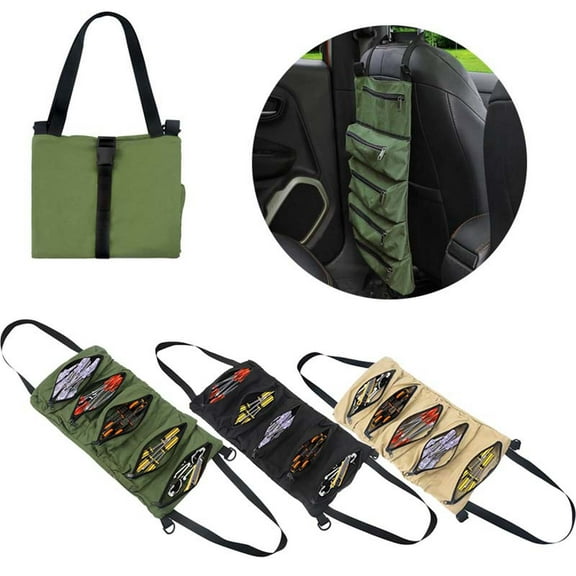 Multifunctional Canvas Roll Tool Bag with 5 Zipper Pockets, Hardware Storage Organizer for Garden, Electrician, Woodworking, Car, 28x14x3cm