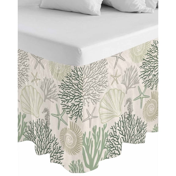 Sage Green Ocean Wrap Around Bed Skirts for Queen Bed 16" Drop,Bed Skirt with Adjustable Elastic Belt Dust Ruffle Bed Valance for Bedroom Hotel Coastal Grey Coral Starfish Shell Bed Frame Cover