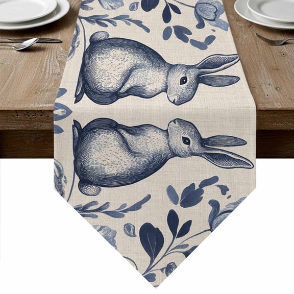 Navy Blue Easter Table Runner Linen Burlap Table Runner 120 Inches Long Bunny Pastoral Summer Botanical Rustic Dresser Scarves for Kitchen Island Coffee Dining Party Wedding Holiday Decor 13"x120"