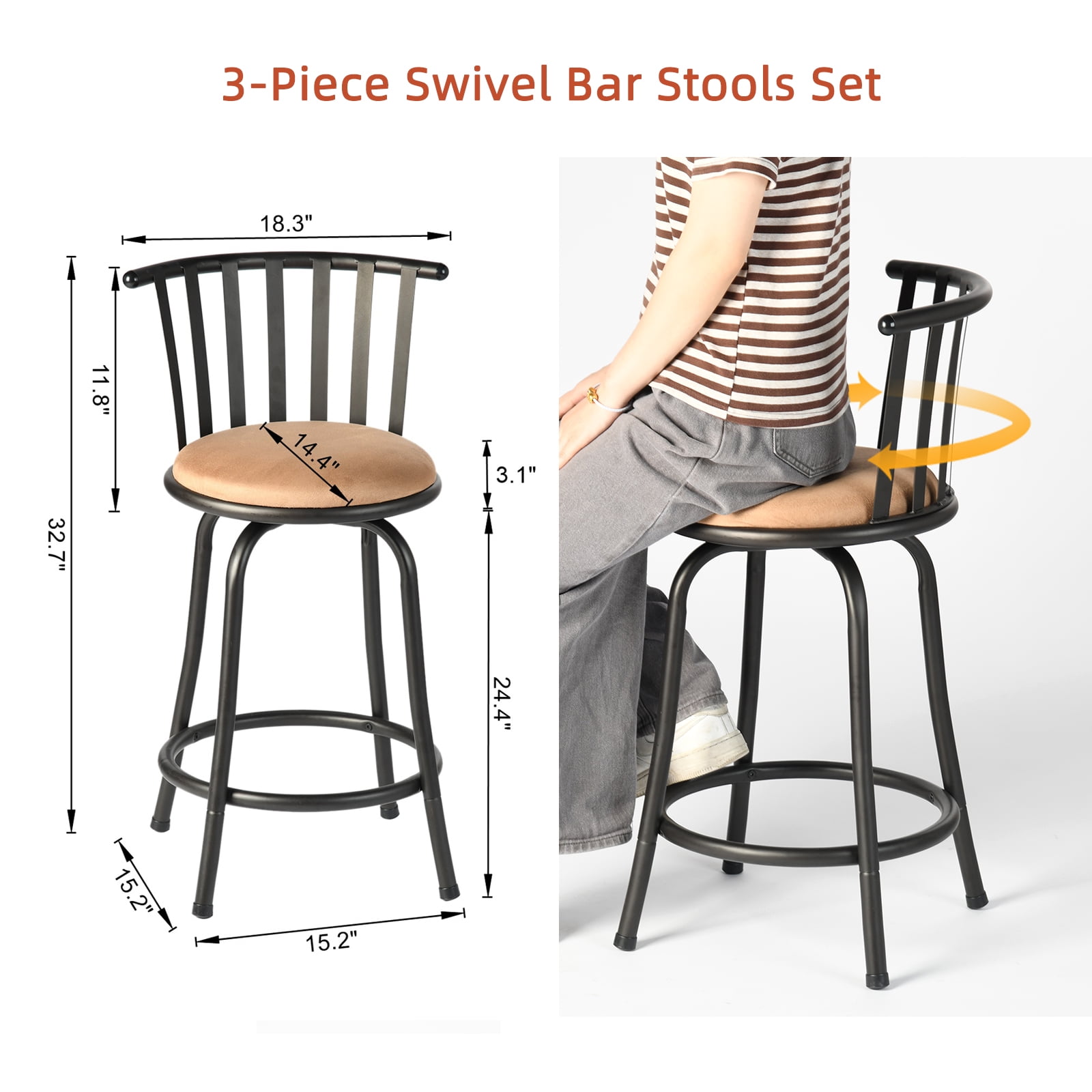 Homy Casa Swivel Bar Stools Set of 3, 24 inch Counter Height Stools for Home Kitchen Island, Brown