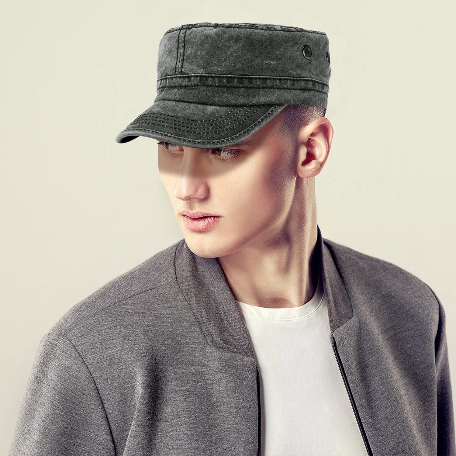 DOVACKA 3 Pieces Cadet Army Cotton Caps Washed Military for Flat Top Caps Adjustable Military Style Hat Unisex