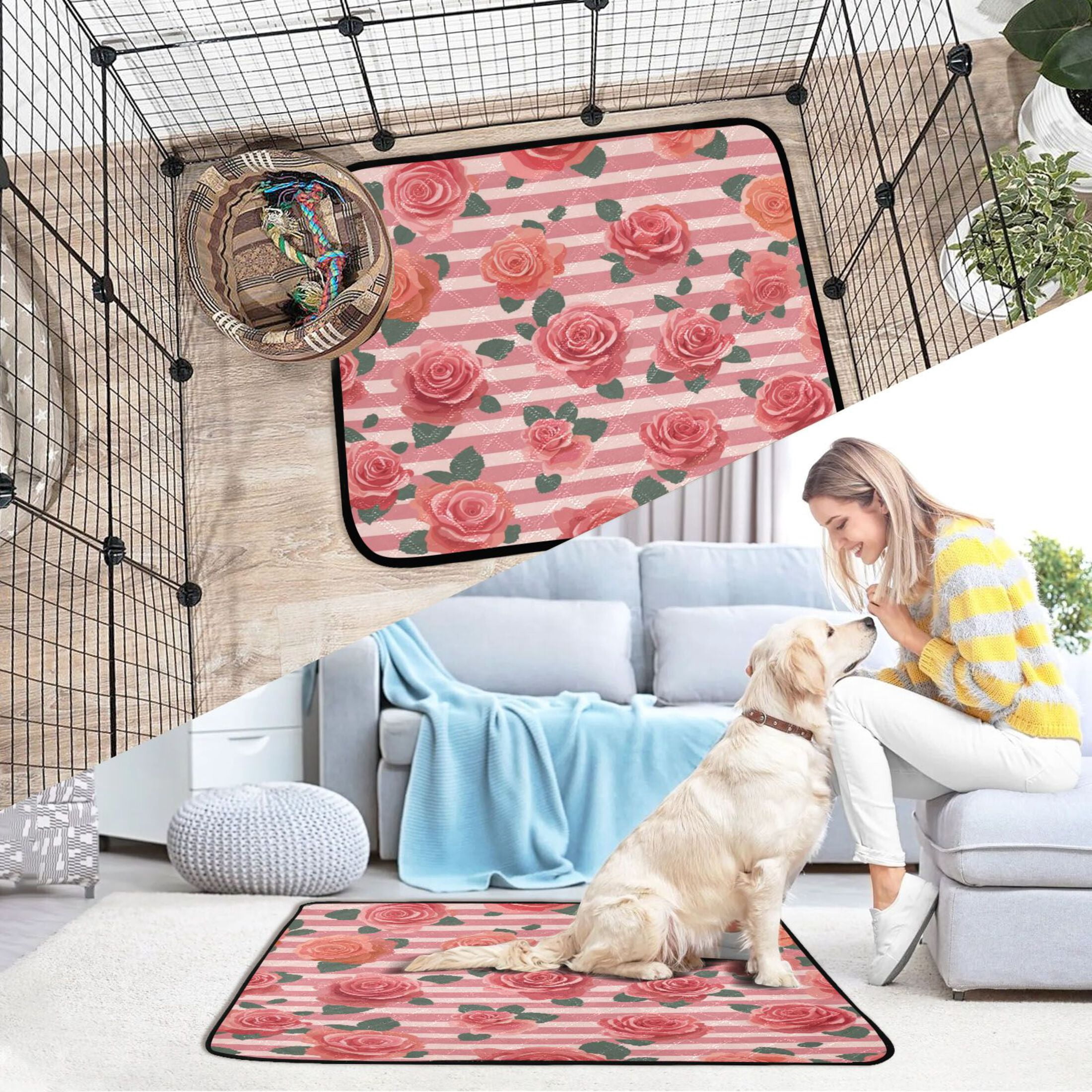 Washable Pet Pee Pads Soft Plush Absorbent Mat Non-Slip Floor Protector for for Dogs & Cats Roses and Stripes Pattern