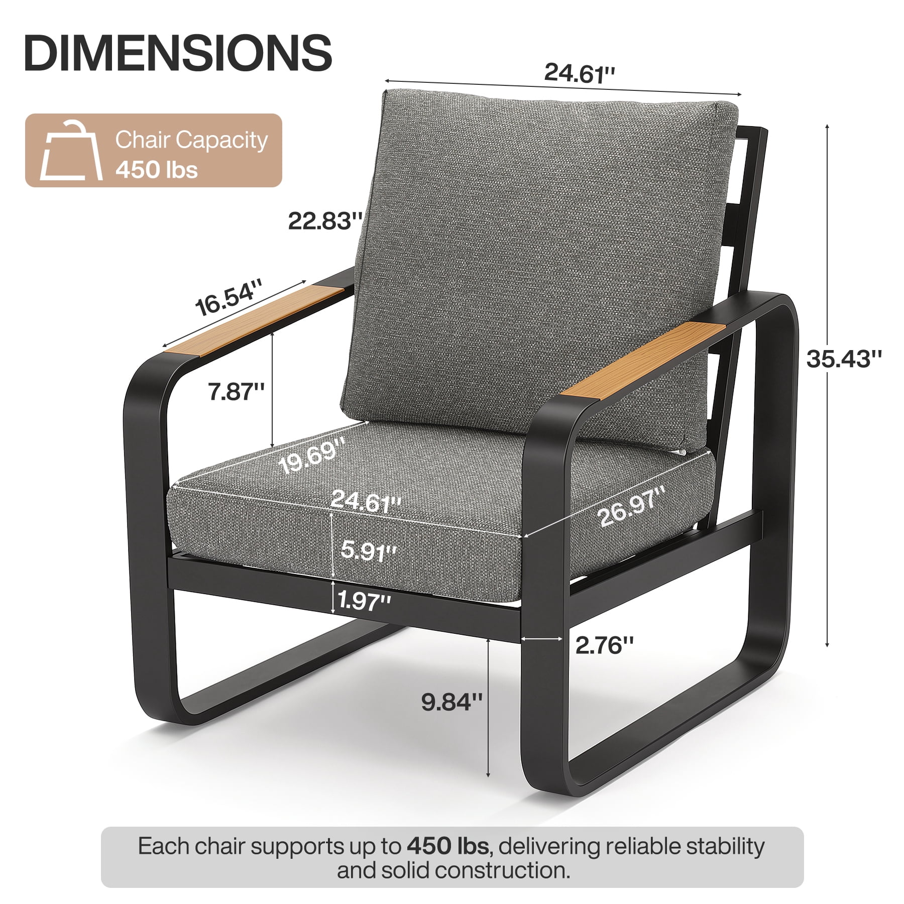 Fnova Outdoor Patio Chair, Heavy Duty Metal Frame Chair with Thick Cushion, Weather Resistant Outdoor Seating Furniture for Porch, Backyard, Balcony