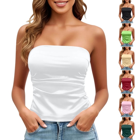 Bandeau Tank Top Strapless Tube Tops Ruched Front Easter Casual Slim Fit Sleeveless Shirt, Women's White