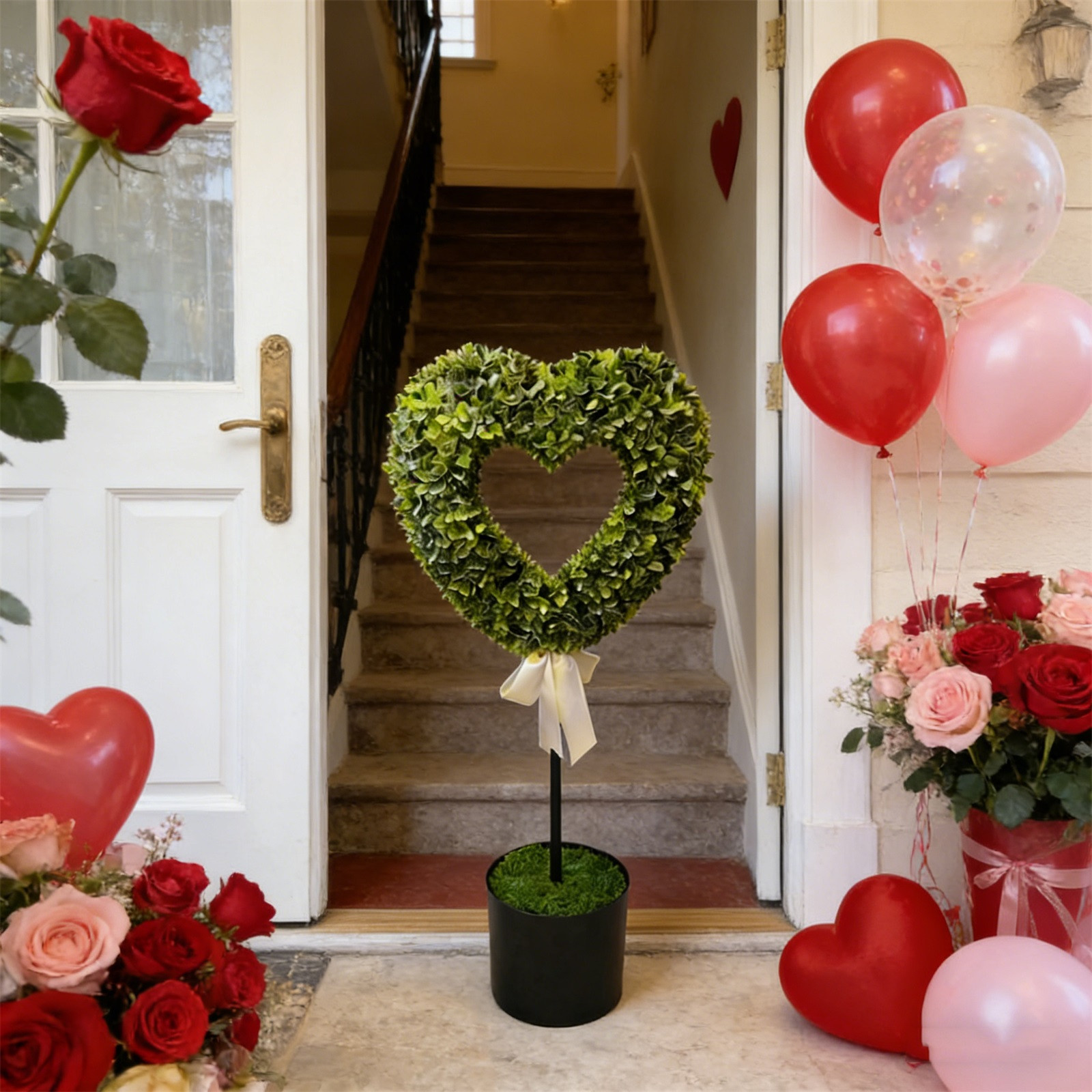 DAMAI Set of 2 Boxwood Heart with Bow Openwork Topiary, 29" Valentine's Day Heart Shaped Topiary Trees with Bow, Artificial Greenery Decorations Heart Ball Planter Pots, Faux Plant for Home Decor