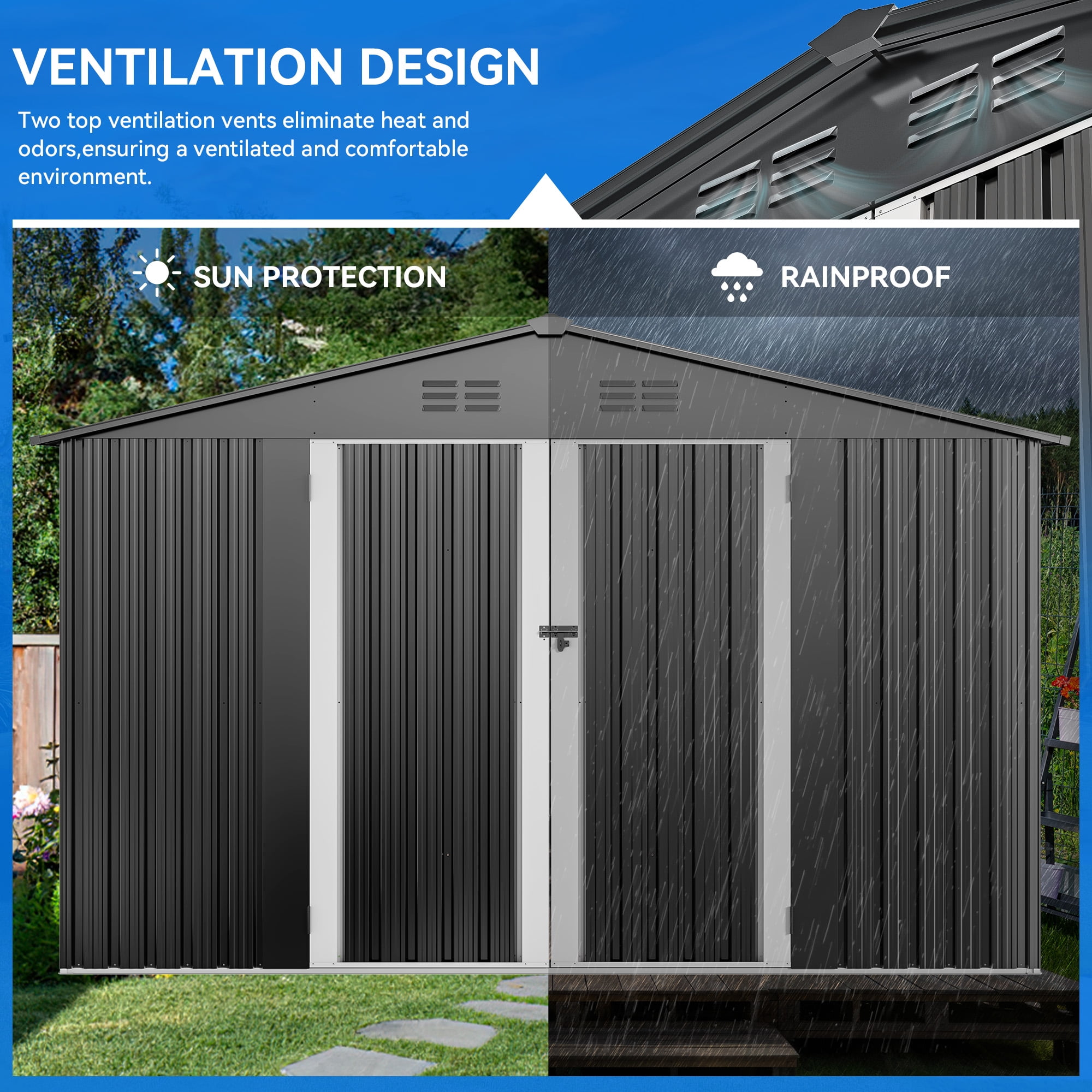 Dextrus 10x8ft Large Metal Outdoor Storage Shed, Heavy Duty Tool Storage Sheds House with Lockable Doors & Air Vent，Waterproof
