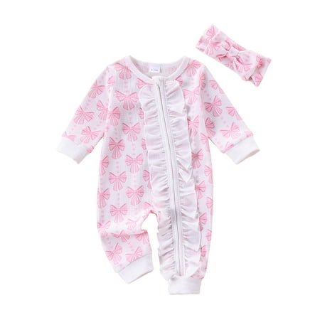 

Wilcliar Baby Girl Bodysuits Plaid Bow Print Ruffled Zip Up Long Sleeve Romper Headband Outfits