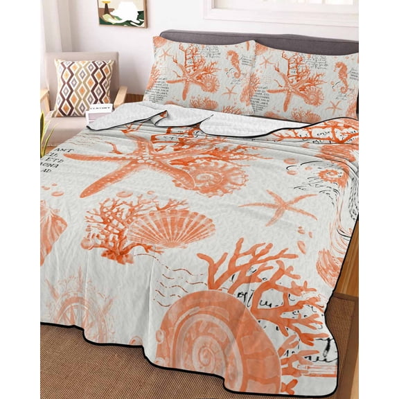 Orange Starfish Twin XL Size Down Alternative Comforter,Lightweight Comforter Quilt Bedding Set with Pillow Shams Rustic Ocean Coastal Shells Conch Coral Bed Comforter Duvet Insert 68"x98"