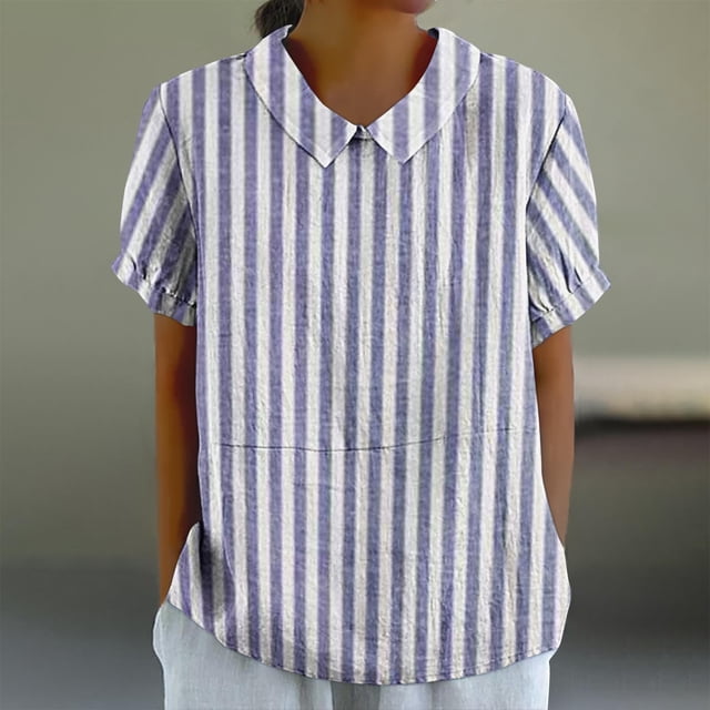 Shorts pour Femmes, Blouses pour Femmes, T-Shirt Décontracté Imprimé Mode Manches Courtes Col Poupée Mignon Coton et Lin Blouse