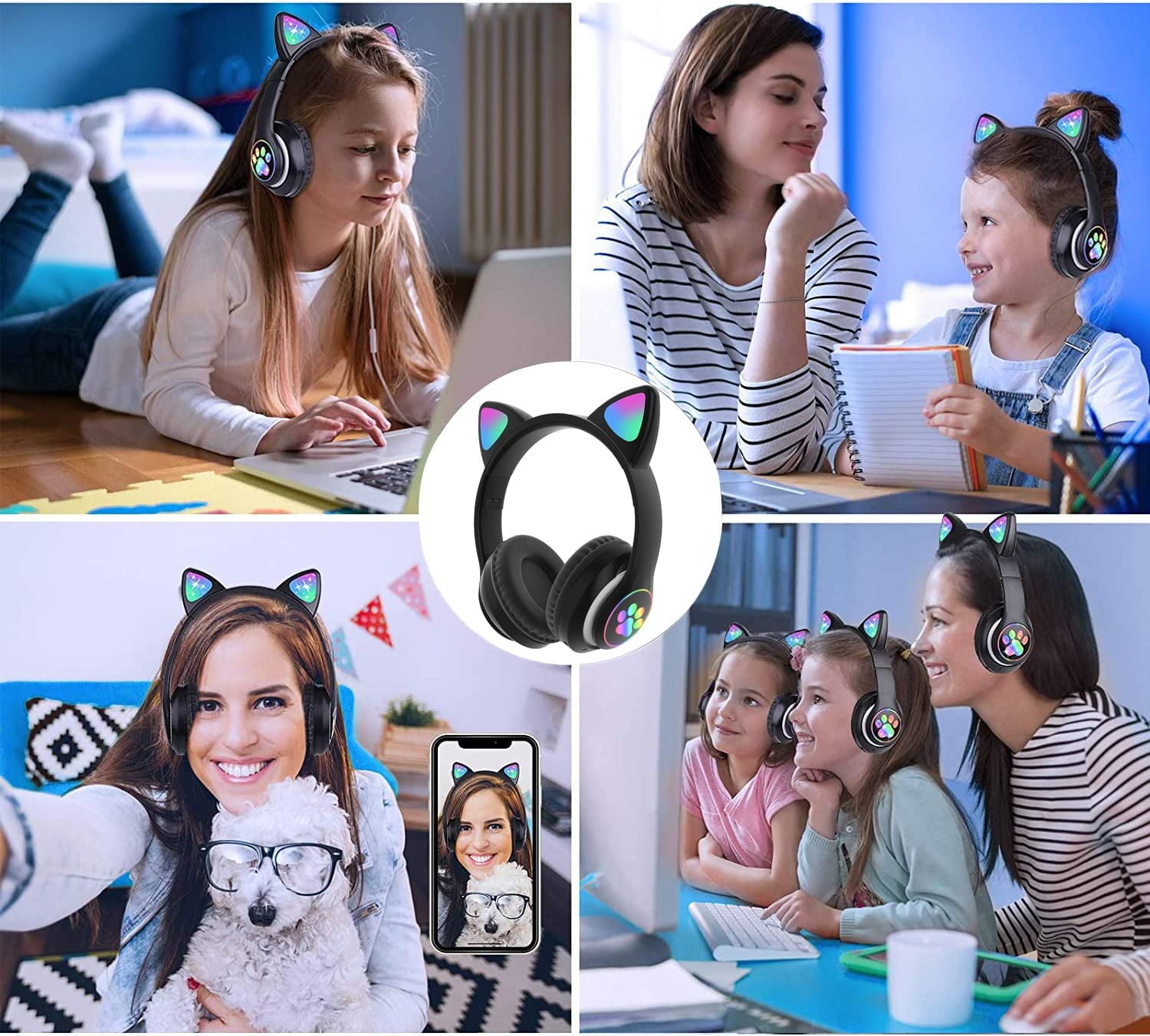 Haokaini Cat Ear Headphones, Bluetooth Wireless Headphones, Foldable Over-Ear Headphones with Microphone & LED Light Up, Cute Cat Ear Headphones, Black