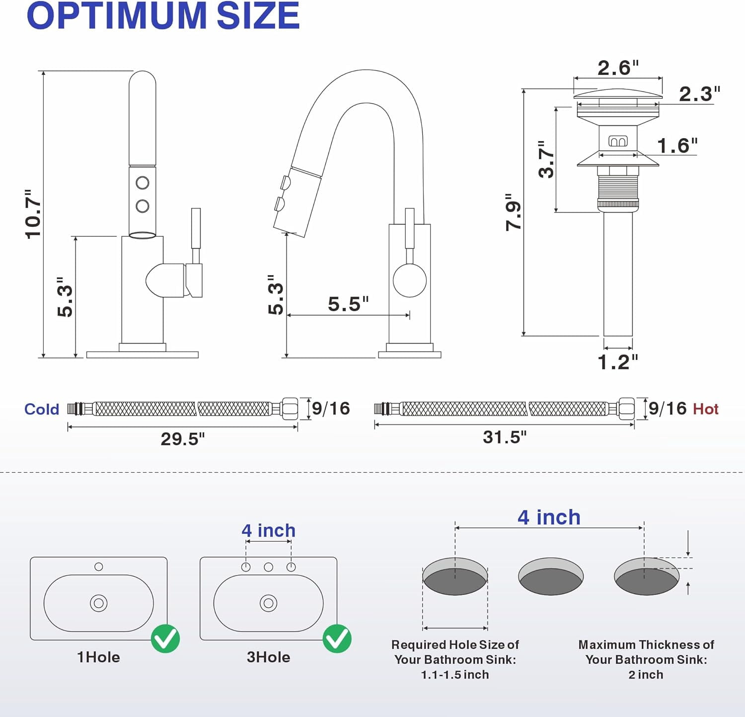 Bathroom Sink Faucet with Pull Down Sprayer, Brushed Nickel Single Handle Pull Out Faucet with Pop-Up Drain, 1 or 3 Hole Laundry Bar Basin Faucet with Deck Plate
