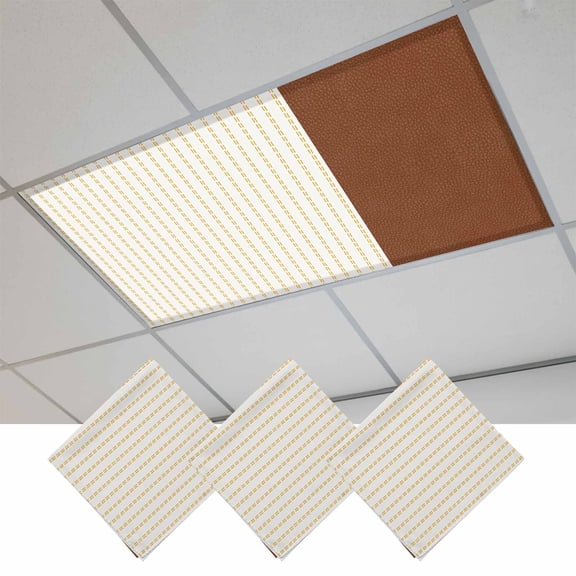 Boho Brown Leather Texture Magnetic Fluorescent Light Covers for Ceiling Lights 2x4 Feet, Modern Yellow Striped Office Classroom Kitchen Drop Ceiling Light Covers Lighting Filters Shade Panel 3 Packs