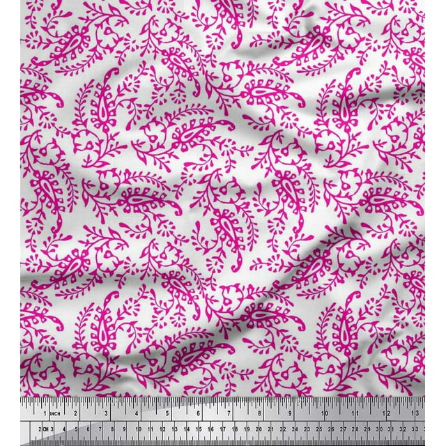 Soimoi Georgette Viscose Fabric Leaves & Paisley Block Printed Craft Fabric by The Yard 42 Inch Wide