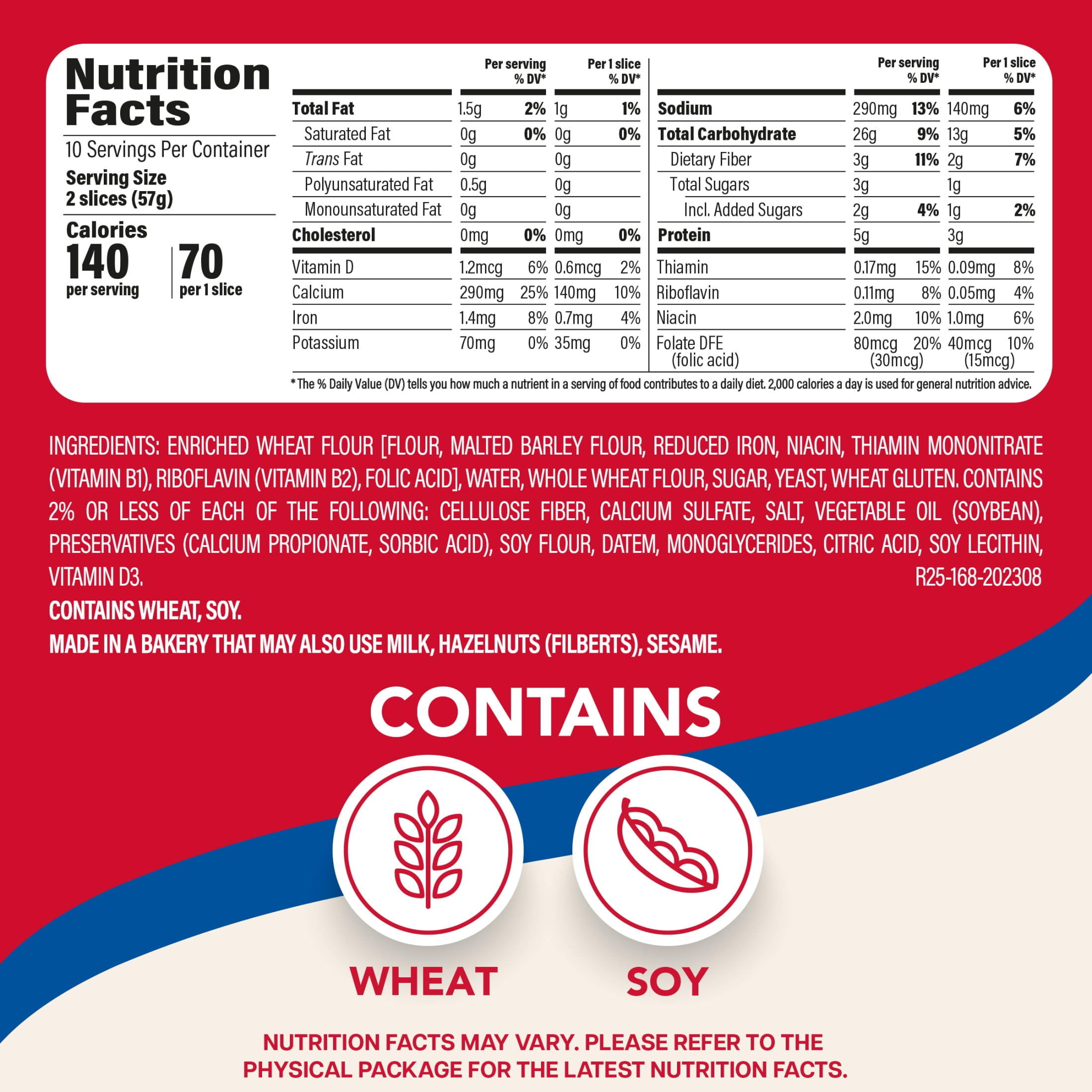 Sara Lee White made with Whole Grain Bread, 20 oz, Plain Wheat Bread, Bag