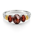thumbnail image 2 of Gem Stone King 925 Sterling Silver and 10K Yellow Gold Oval Red Garnet and White Diamond 3 Stone Ring for Women (2.70 Cttw, Gemstone January Birthstone, Size 6), 2 of 3
