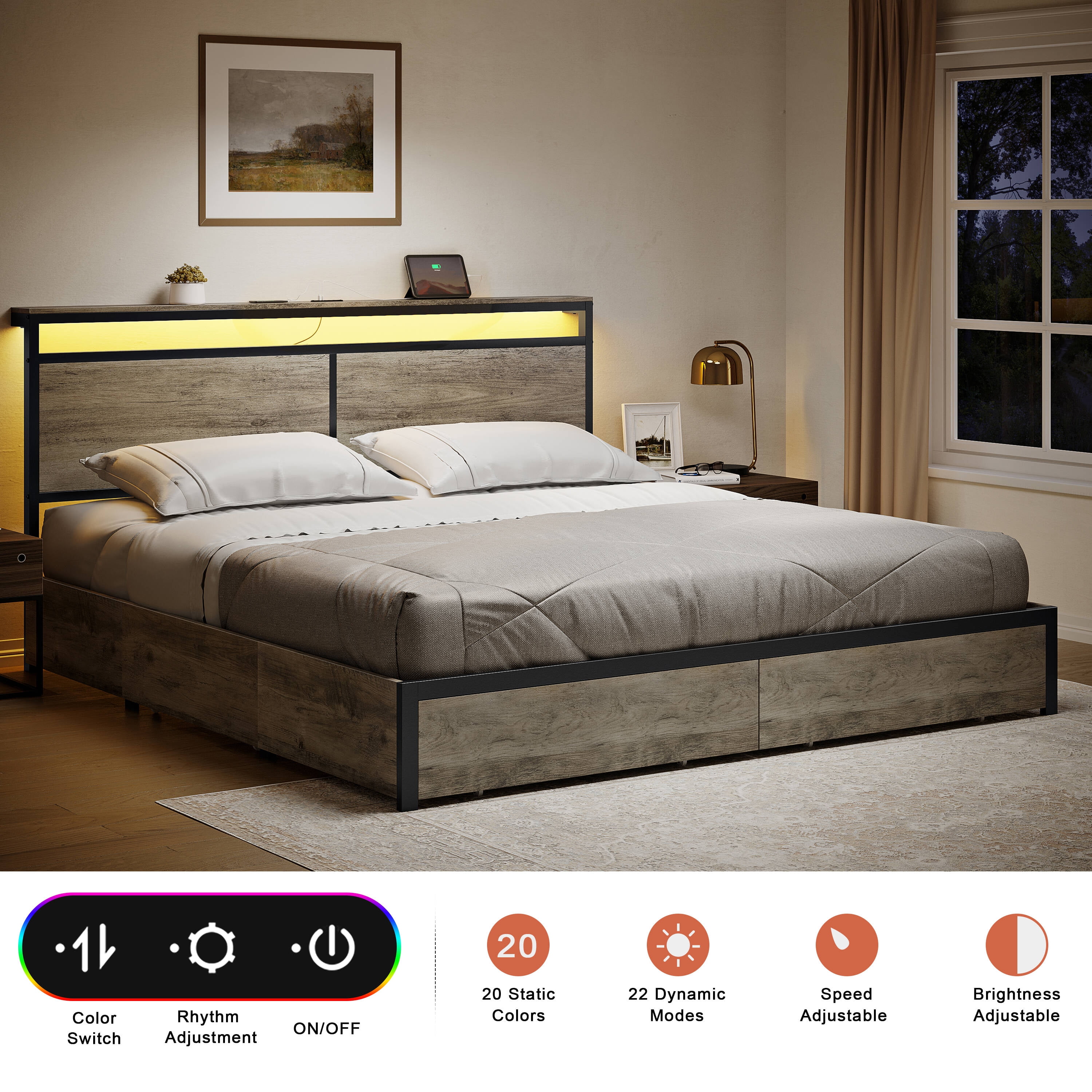 GUNAITO Queen Size Bed Frame with Headboard and 4 Storage Drawers LED Platform Bed Frame with Charging Station Gray