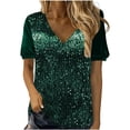 thumbnail image 2 of TAGOLD Womnes Plus Size Tops,Women's New Solid Color Sequined Velvet Patchwork V-neck Short Sleeved T-shirt, 2 of 5