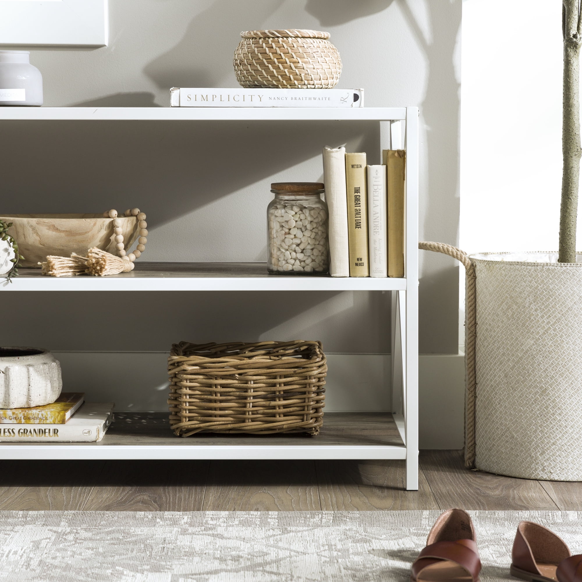 Walker Edison 40" Industrial Frisco X-frame Bookcase, Grey Wash / White