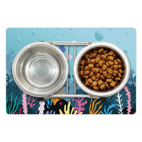 Deep Sea Pet Mat for Food and Water, Pattern of Cartoon Style Seascape Seaweed Algae and Coral, Non-Slip Rubber Mat for Dogs and Cats, 18" X 12", by Ambesonne
