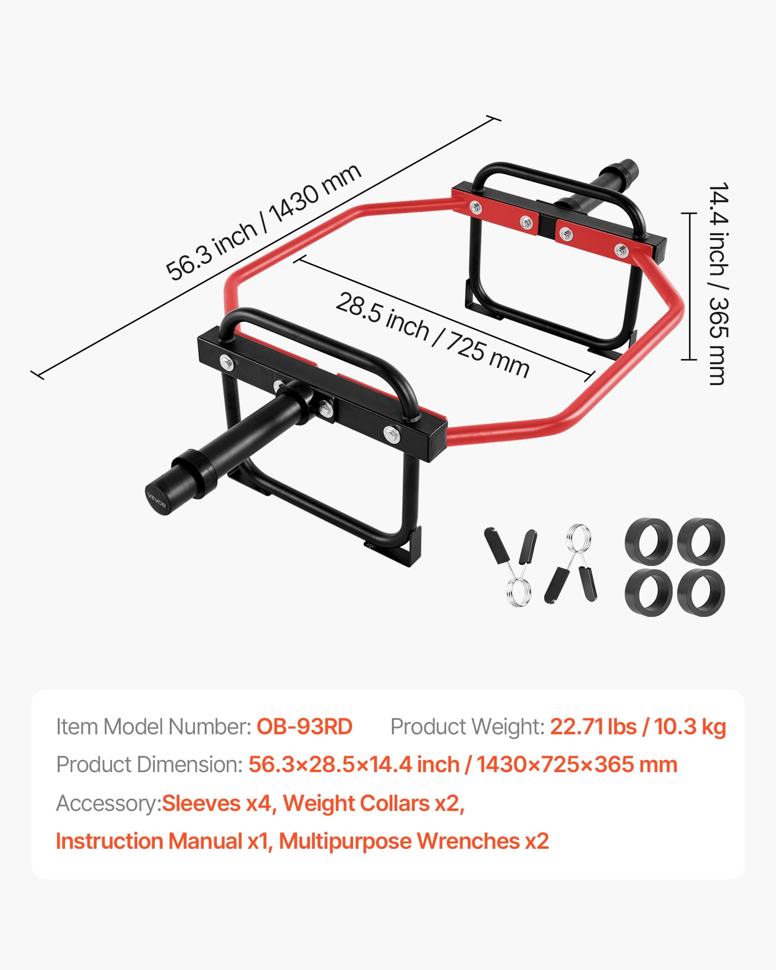VEVOR Trap Bar Hex Bar, 2-Inch Hex Barbell, 500 LBS Capacity Shrug Bars, Weightlifting and Strength Training Equipment, Home Gym for Squats, Deadlifts, Shoulder Presses, Red