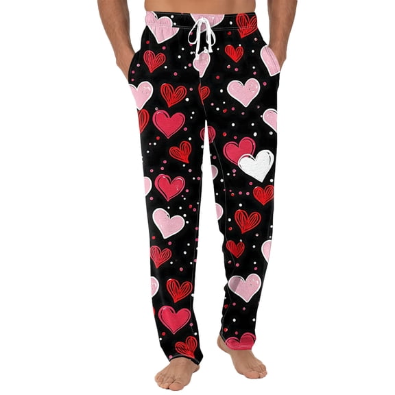 Fgvctg Valentine's Day Pajama Pants Mens Plus Size Wide Leg Sleepwear Pajama Pants Soft Love Heart Graphic High Waisted Pjs Fall Spring Drawstring Lounge Pants with Pockets Black 3XL