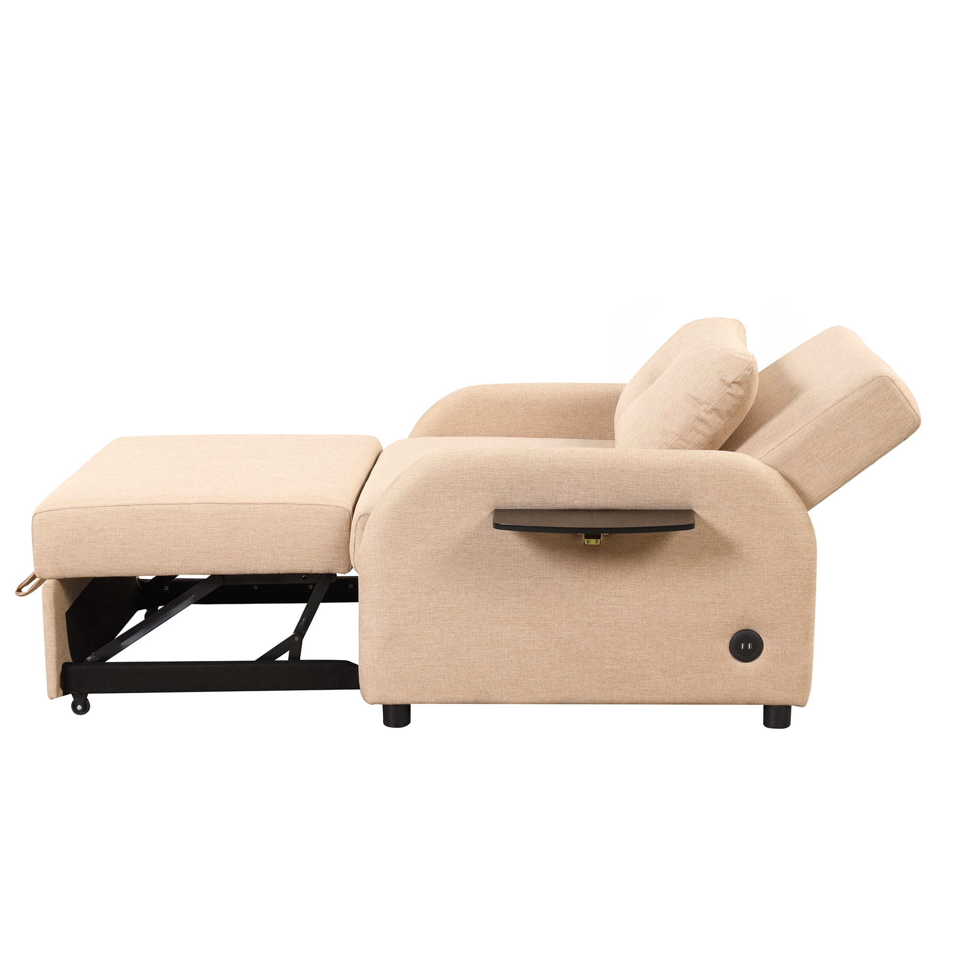 Pull Out Sofa Sleeper with Adjustable Backrest, 3 in 1 Multifunctional Sofa Bed with 2 Wing Table Side Pocket and USB Charge, Linen Fabric, for Living Room, Recreation Room, Beige
