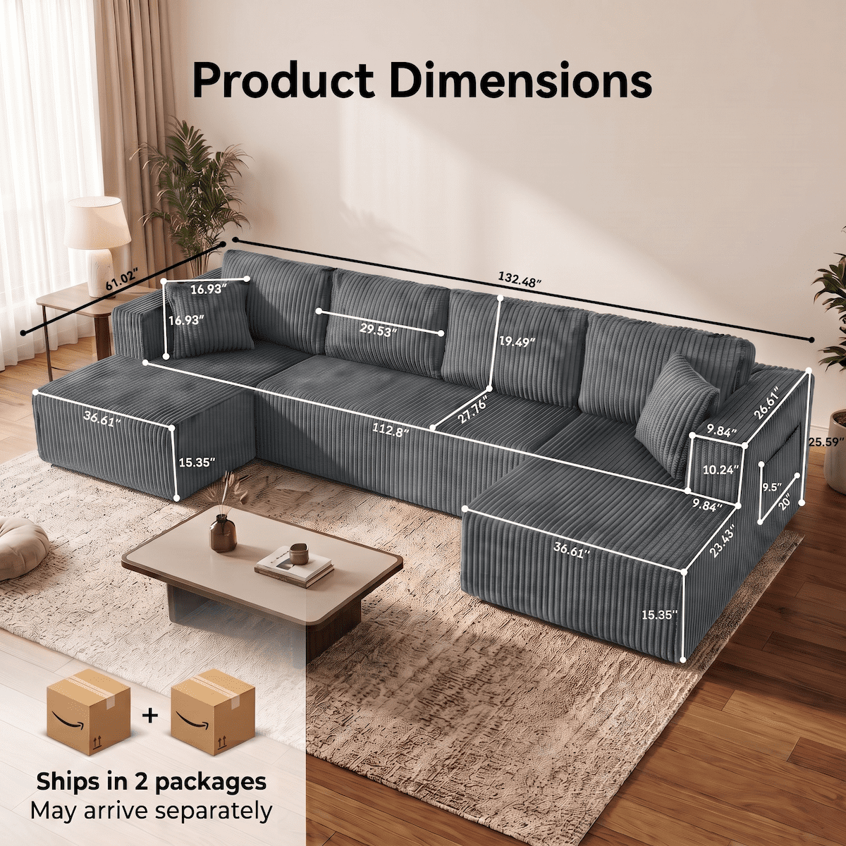 132" Cloud Couch Modular Sectional Sofa, U Shaped Sleeper Sofa Bed, Oversized Chaise, Reversible Corduroy Modular Couch for Living Room, Apartment, No Assembly (Dark Gray)
