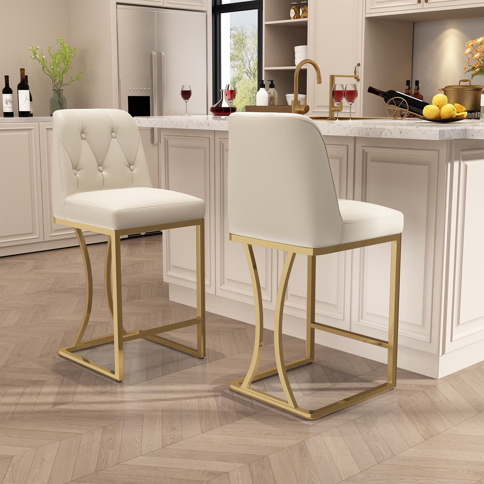 HomeZeer Counter Height Bar Stools Set of 2, Bar Stools with Back and Sliver Metal Frame, 24" Barstools with Footrest, Upholstered PU Leather Counter Stool Chairs for Kitchen Island,White