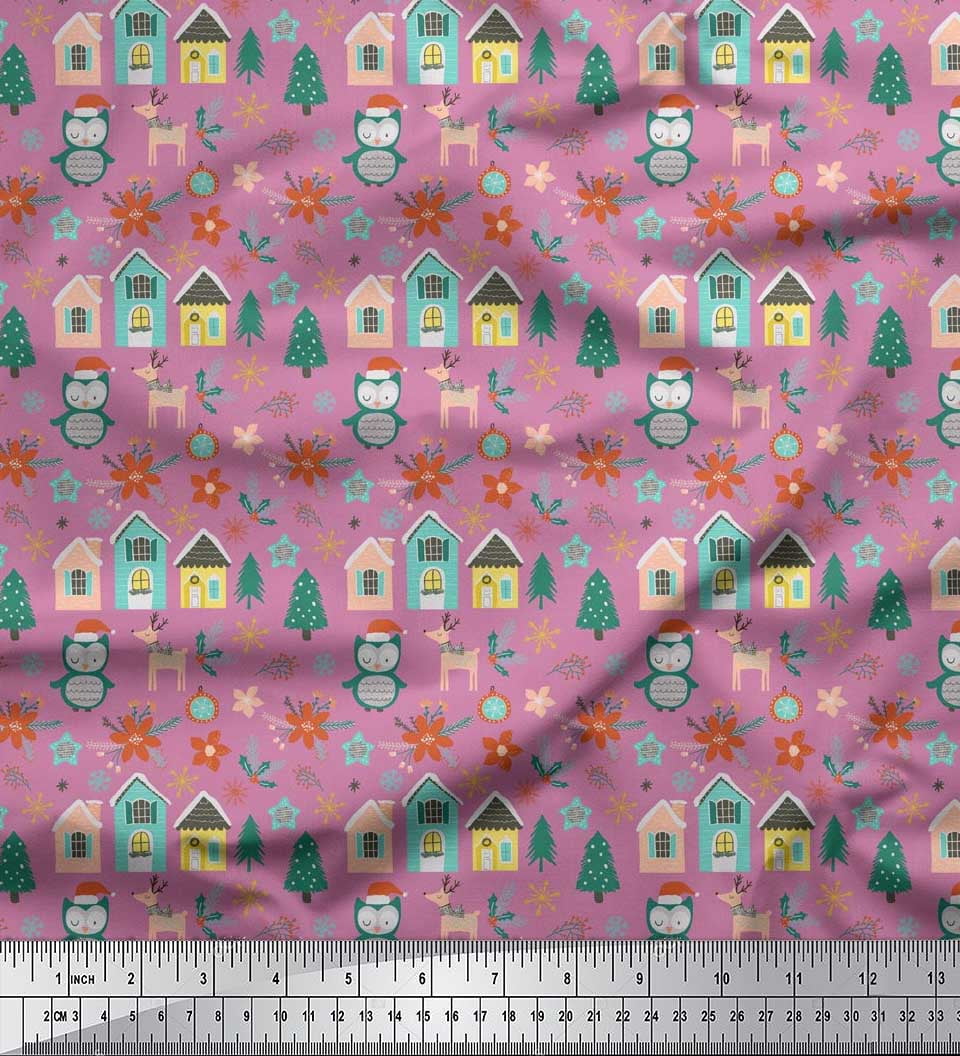 Soimoi Purple Moss Georgette Fabric Owl & Tree Christmas Printed Fabric 1 Yard 42 Inch Wide