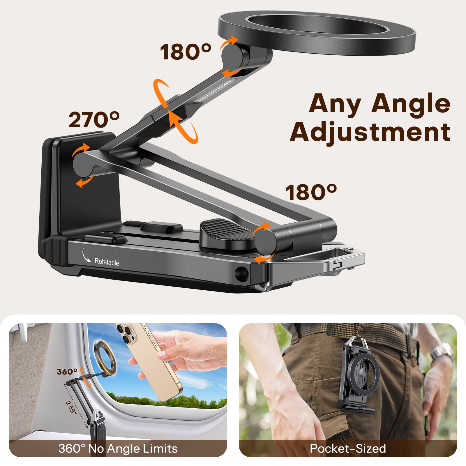 OMOTON 360° Rotating Magnetic Phone Tripod for MagSafe, Adjustable Aluminum Foldable Stand, Compatible with iPhone 17/16/15/14 Pro Max, Ideal for Vlog, Gym & Travel