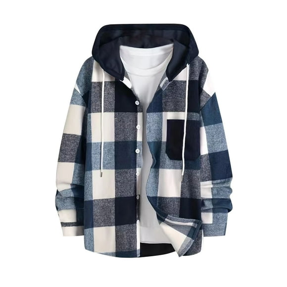 LMKIHUSA Hooded Plaid Jacket Men Casual Fashion Fall 2025 Shirts Long Sleeve Button Up Tops Thicken Pocket Lightweight Flannel Outerwear Navy,XXL