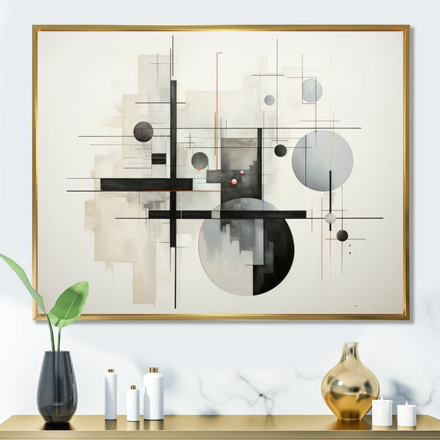 Designart Abstract Suprematism framed wall art decor, Abstract Suprematism framed wall Art, Beige Grey Suprematism Silent consistency I , Extra large Modern Gold framed wall art, Gold Frame