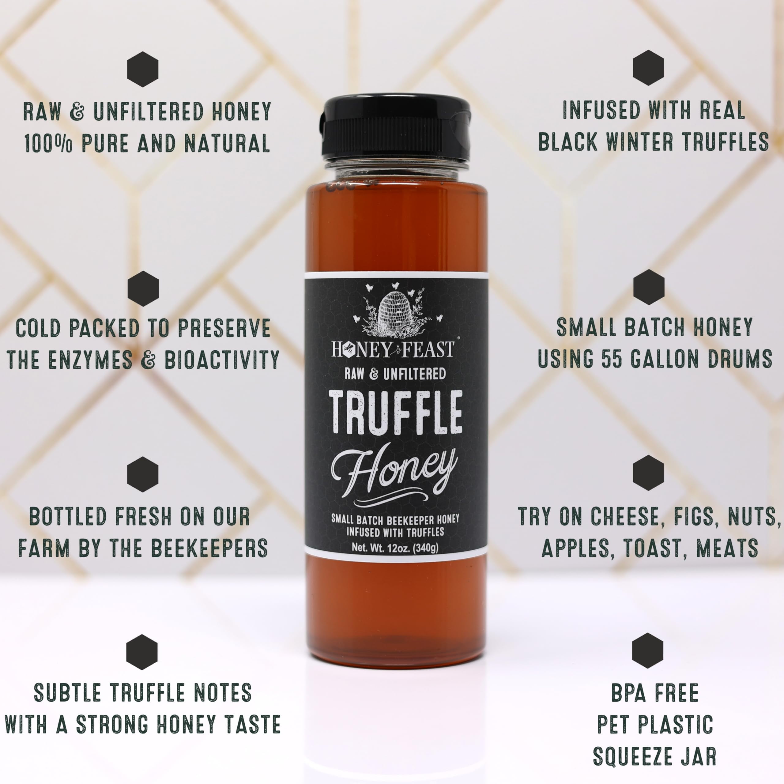 HONEY FEAST Truffle Honey 12OZ (Pack of 6) - Gourmet Infused Honey with Premium Black Truffle, Luxurious Truffle Sauce for Culinary Delights, Perfect Foodie Gift & Unique Flavor Experience