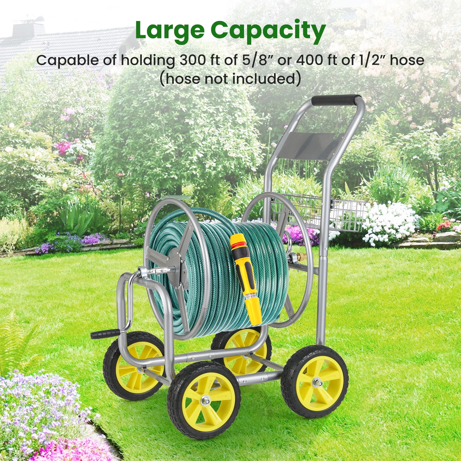 Gymax Garden Hose Reel Cart 300 FT of 5/8'' Large Capacity Heavy-Duty Metal Hose Cart Silver