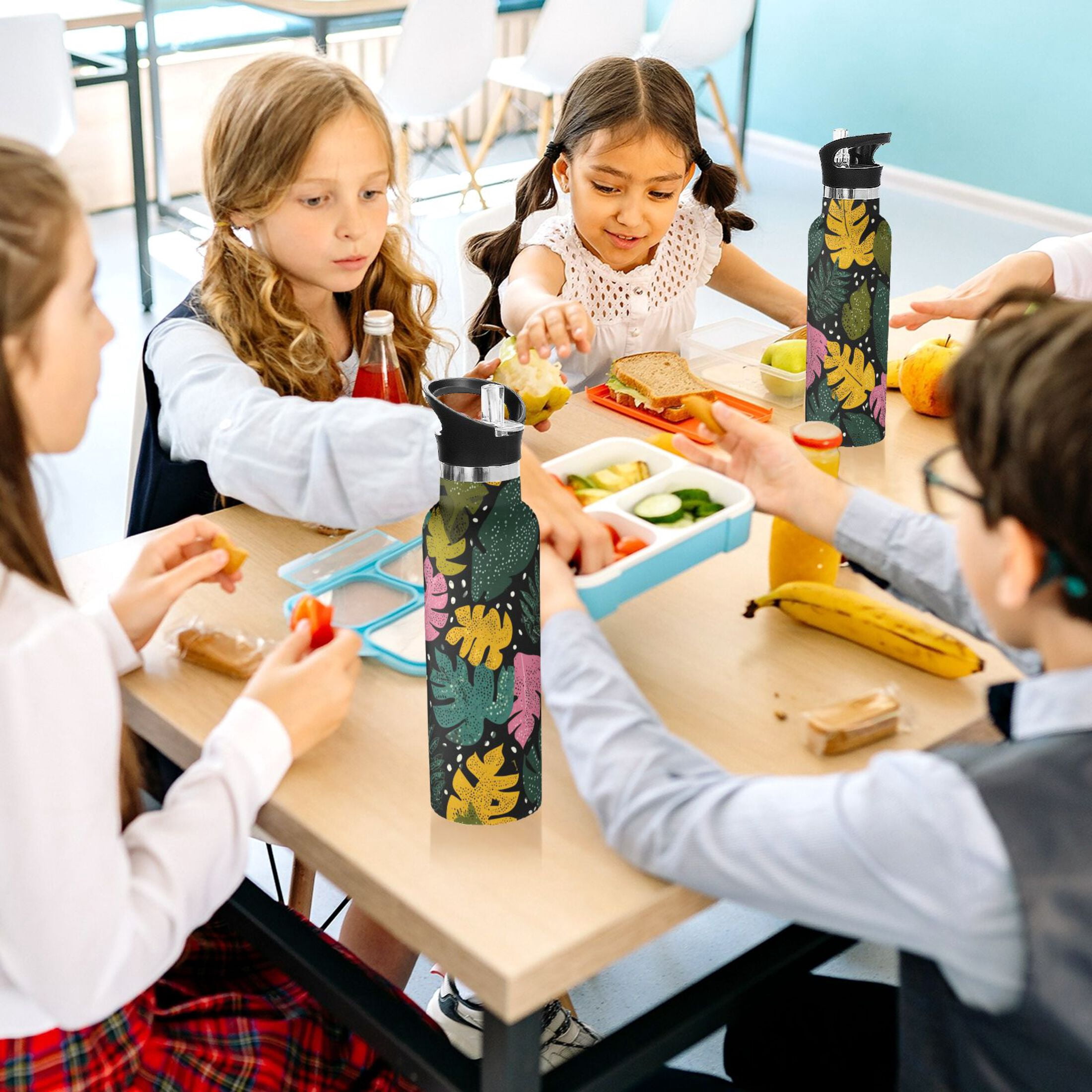 Kids Insulated Stainless Steel Sports Water Bottle 600ml Retro Tropical Leaves