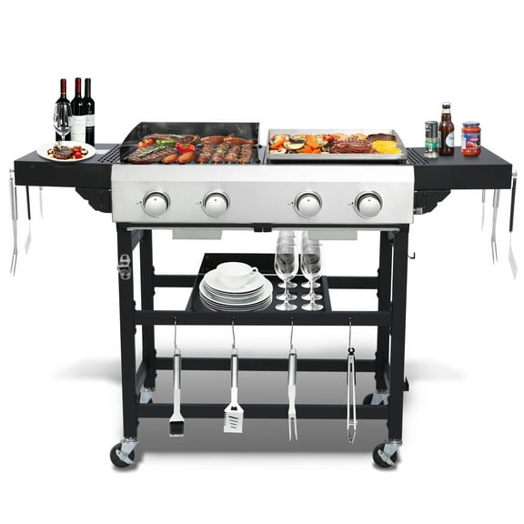 4 Burner Propane Gas Grill and Griddle Combo with Foldable Side Table, 470 sq in Cast Iron Grate & 248 sq in Flat Top, 38,200 BTU Outdoor BBQ Grill for Outdoor, BBQ, Camping