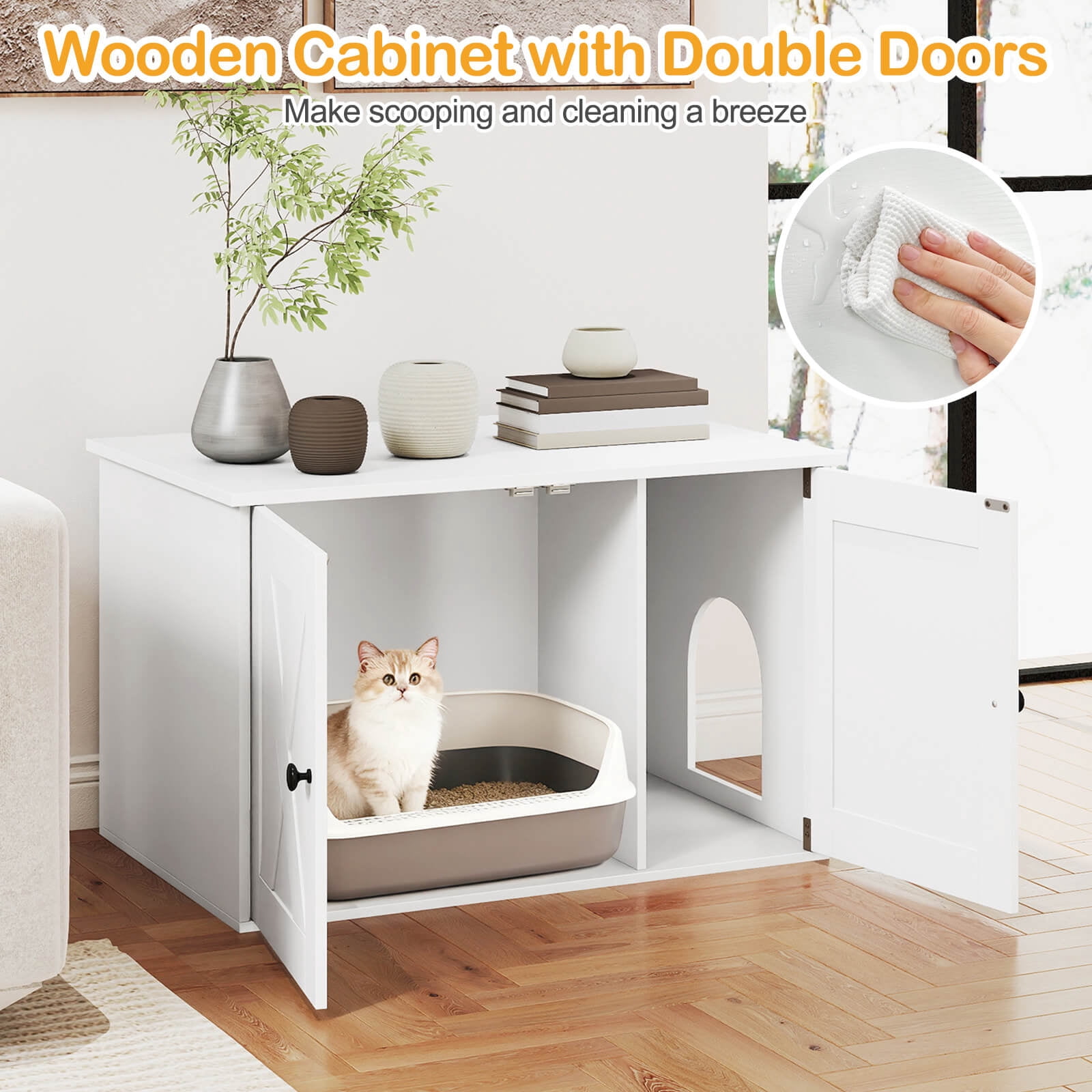 Costway Hidden Cat Litter Box Enclosure Furniture with Divider for Living Room Bedroom White
