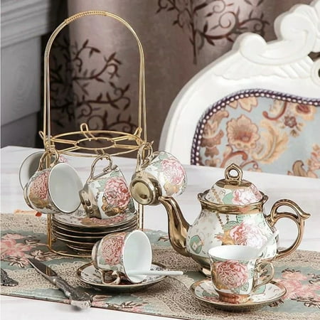 

13-Piece Porcelain Ceramic Coffee Tea Gift Sets Cups& Saucer Service for 6 Teapot Sugar Bowl Creamer Pitcher and Teaspoons