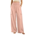 thumbnail image 2 of Oiangi Wide Leg Lounge Pants with Cargo Pockets for Women Smocked Waist Ruched Flowy Pant Fall Casual Comfy Trousers Pink L, 2 of 6