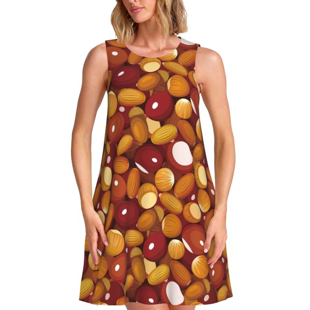 Easygdp Almond Nuts para Vestido Transpirable de Mujer, Vestido Suelto de Manga Corta con Pliegues y Bolsillos para el Verano