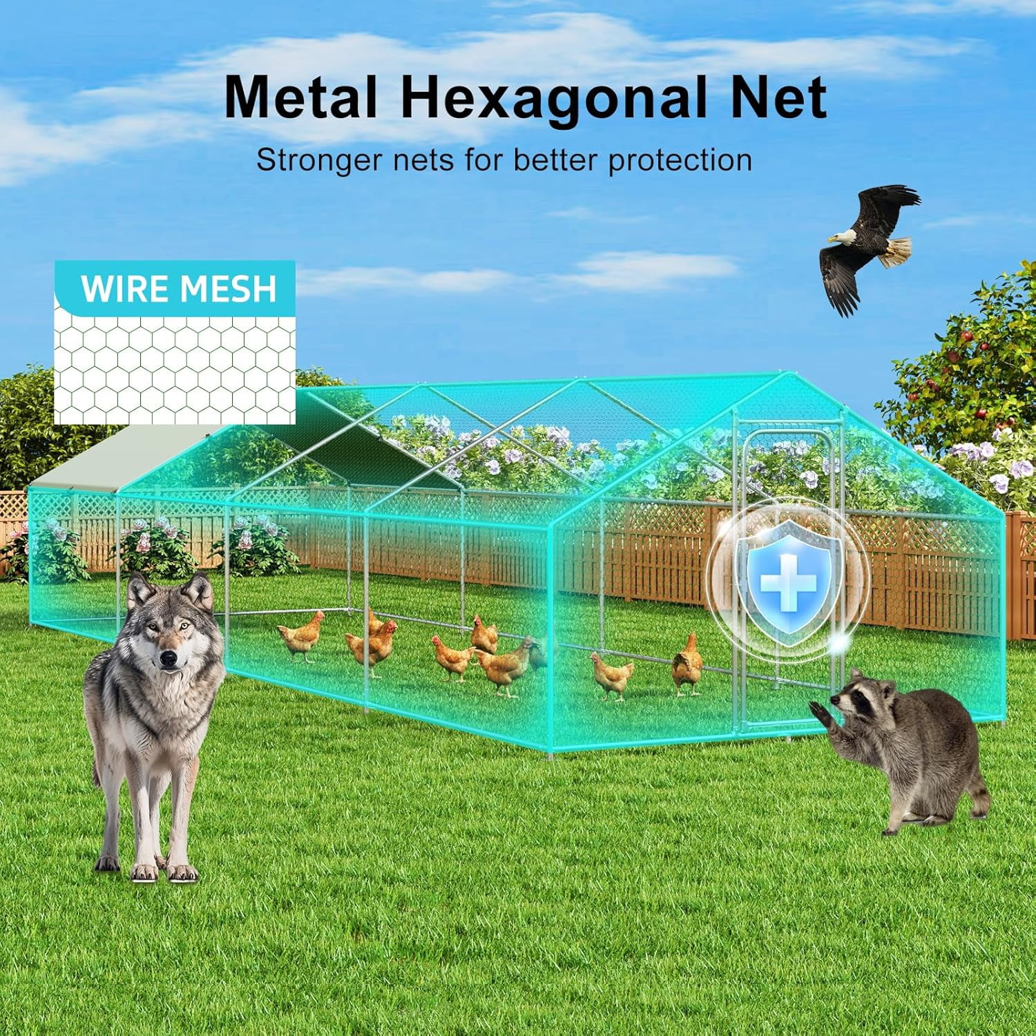 GeeLoon Extra Large Metal Chicken Coop, 10'x26', Walk-in Run