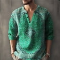 thumbnail image 4 of Bohemian Retro Floral Shirts for Men, Split V Neck Three Quarter Sleeve Printed Tops, Soft Loose Fabric for Travel Camping and Street Style Outfits Green L, 4 of 5