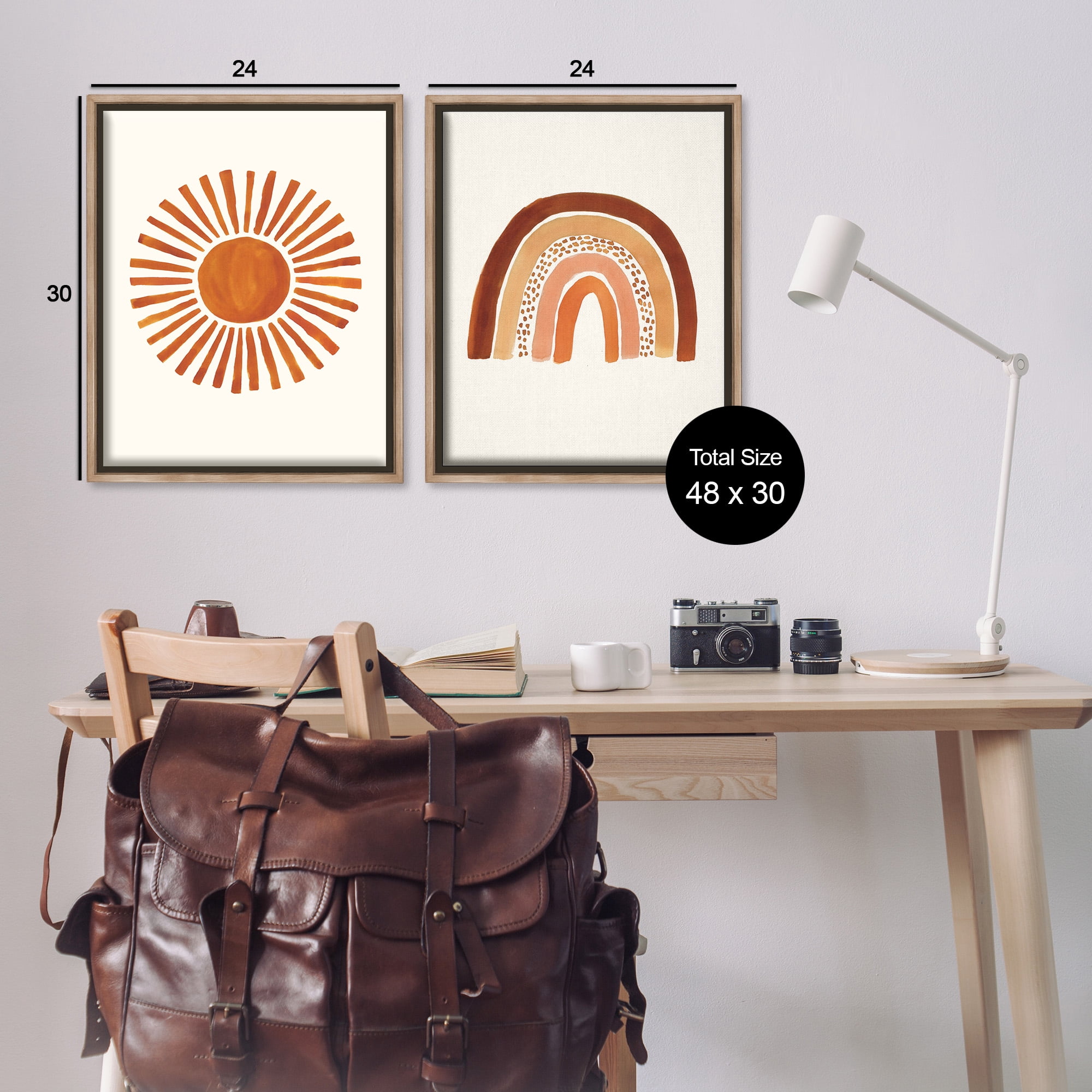 Stupell Industries Orange Sun Patterned Rainbow Boho Landscape Painting Brown Floater Framed Canvas Art Print Wall Art, 25 x 31, Set of 2