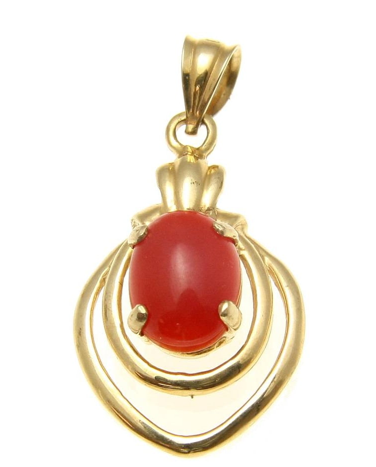 Geniune natural red coral pendant set in solid 14k yellow gold 14.40mm by