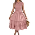 thumbnail image 2 of Women's Sleeveless Smocked Ruffle Neck Tiered Casual Flowy Midi Dress Pink L, 2 of 10